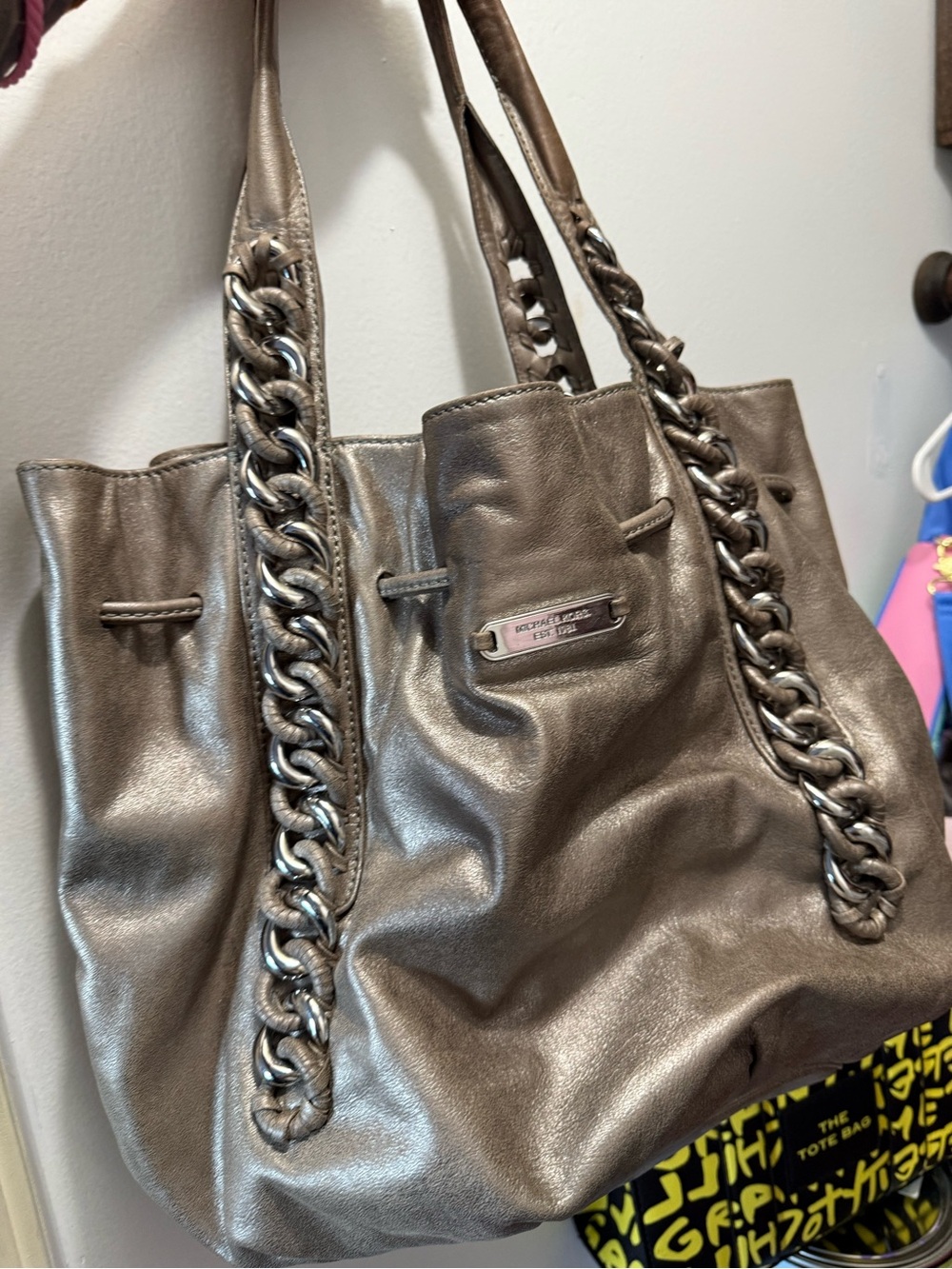 Michael Kors Metallic Pewter Chain-Detail Shoulder Tote
